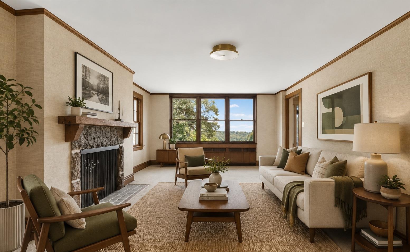 Living room with stone fireplace and reading chairs