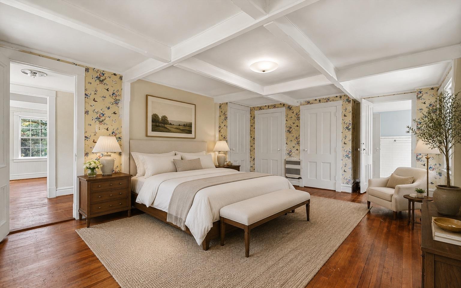 Bedroom suite with coffered ceiling and en suite bath