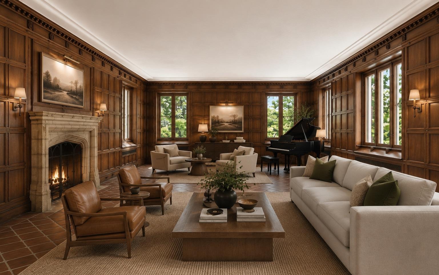 Wood-paneled great room with fireplace and piano at Old Dam Farm